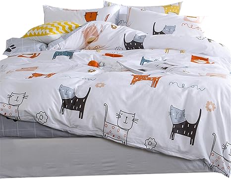 Amazon Com Otob Cartoon Cats Duvet Cover Sets Full Queen For Kid White Grey 100 Cotton Reversible 3 Pieces Kid Girls Boys Bedding Sets Duvet Cover With Pillowcases Child Bedding Sets No Quilt