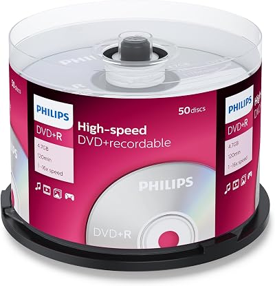 Philips 50 Pack DVD+R Blank Discs 4.7GB 1-16X Speed Recordable Media