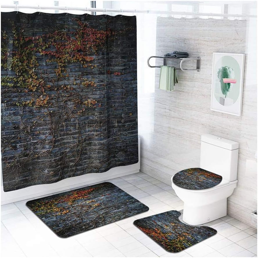 CXF 3D Nordic Shower Curtain Polyester Stone Printing Mat 4 Pieces Set, Bathroom Mat Non-slip Easy to Dry for Hotel Home Bedroom Kitchen Door (Color : B, Size : 4 piece set)