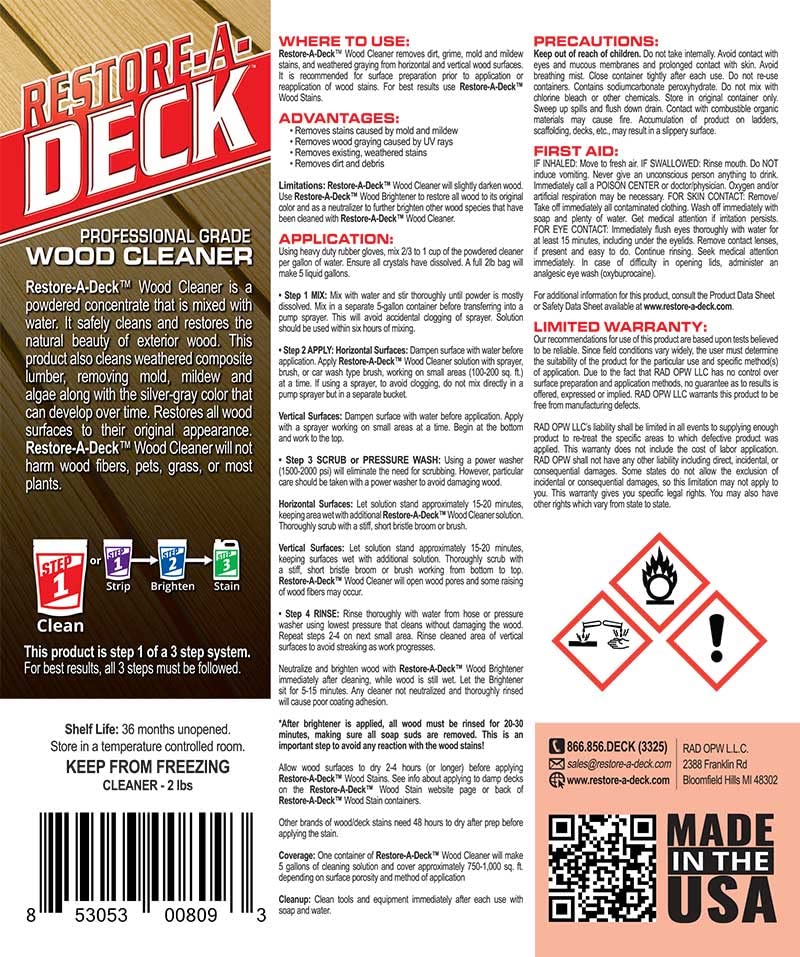 Restore-A-Deck Wood Cleaner Powder Concentrate - Restores Grayed Decks, Siding & Exterior Wood Safely (750-1000 sq ft Coverage)