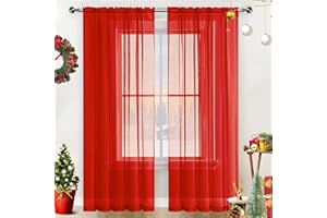 SpaceDresser Sheer Voile Window Treatment Rod Pocket Curtain Panels for Kitchen Bedroom Living Room Drapes Sunlight Filtering Privacy Semi Home Decor Assorted (Red, 52 W x 84 L)