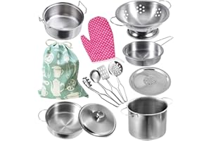 KEJIH Cookware Pots and Pans Play Set with Cooking Mini Stainless-Steel Kitchen Cooking Utensils Toys,Pretend Toys for Kids, Educational＆Development Toy Kitchen Playset Accessories for Kids Ages 3+