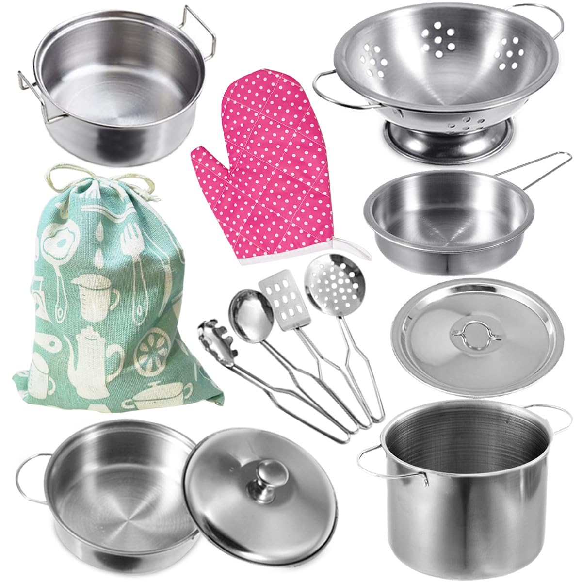 Photo 1 of Cookware Pots and Pans Play Set with Cooking Mini Stainless-Steel Kitchen Cooking Utensils Toys,Pretend Toys for Kids, Educational?Development Toy Kitchen Playset Accessories for Kids Ages 3+