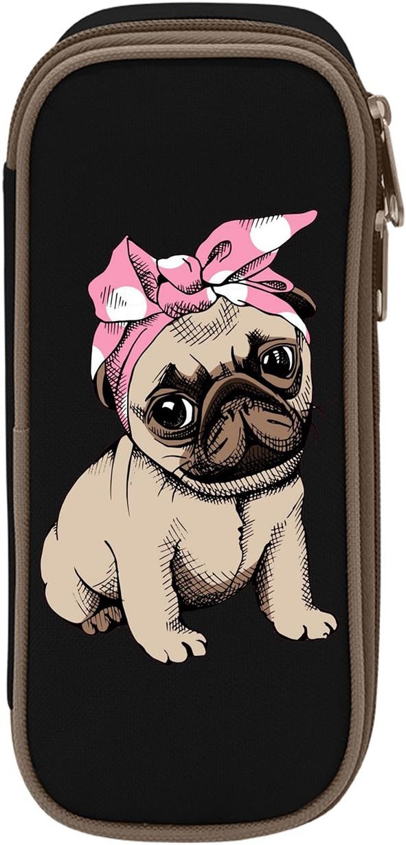 MOPE Pink Pug Pencil Case Double Zipper Large Storage Space Mulit-Function Stationary Portable Makeup Bag
