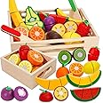 BAODLON Wooden Cutting Fruit Set - Wooden Play Food Toys for Kids Kitchen, Multi-Pretend Play Food Kitchen Accessory with 2 Trays, Play Fake Fruit Toys Birthday Gifts for 3 4 Years Toddler Girl Boy