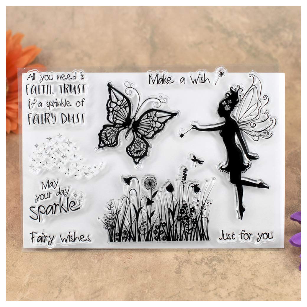 Kwan Crafts Butterfly Flowers Fairy Wish Make a Wish Just for You Clear Stamps for Card Making Decoration and DIY Scrapbooking