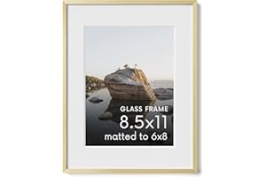 HAUS AND HUES 8.5x11 Picture Frame with Real Glass & Gold Premium-Grade Metal Matted to 6x8 - Aluminum 8.5 by 11 picture frame - Includes Hanging Kit - Ideal for Home, Office (8.5x11 in, Gold)