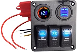 Etrogo 12V 24V Marine Rocker Switch Panel 3 Gang ON-Off Switch mit 2 USB Outlet and Waterproof LED Voltage Display with 15A f