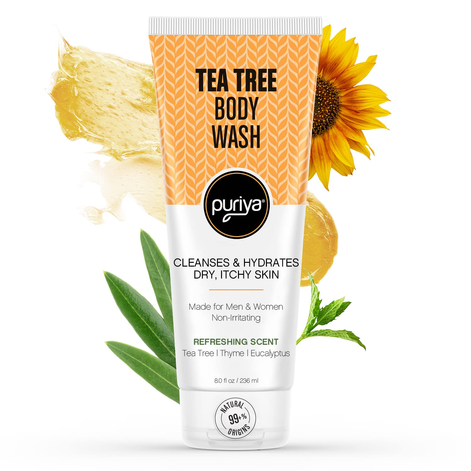 Puriya Tea Tree Body Wash, Use with Jock Itch, Athletes Foot, Body Back Acne Treatment, Moisturizing Natural Wash for Men, Women, Dry Skin, Eucalyptus, Mint Oil Shower Gel Soap