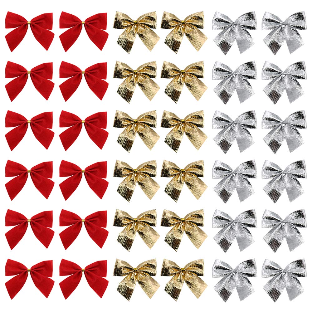 Lifreer 36pcs Mini 5cm Christmas Ribbon Bows Ornament Xmas Tree Bowknot Decoration Presents Wrapping Craft Supplies (Red, Gold, Sliver)
