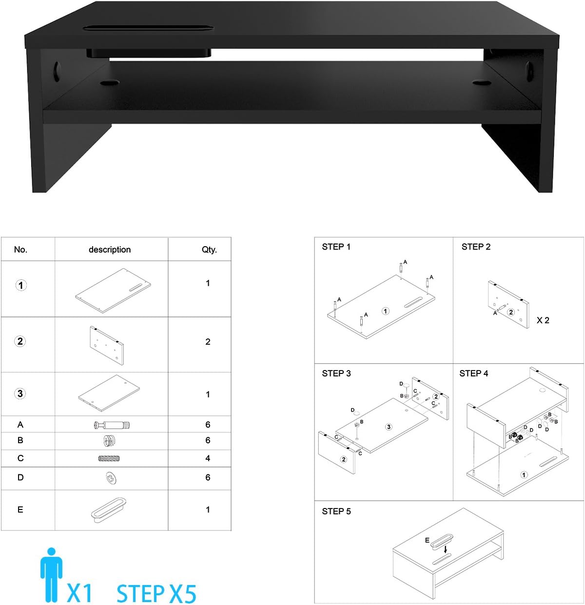 1home Wood Monitor Stand Arm Riser Desk Storage Organizer, Speaker TV Laptop Printer Stand with Cellphone Holder and Cable Management, 16.7 inch 2 Tiers Shelves Black : Office Products