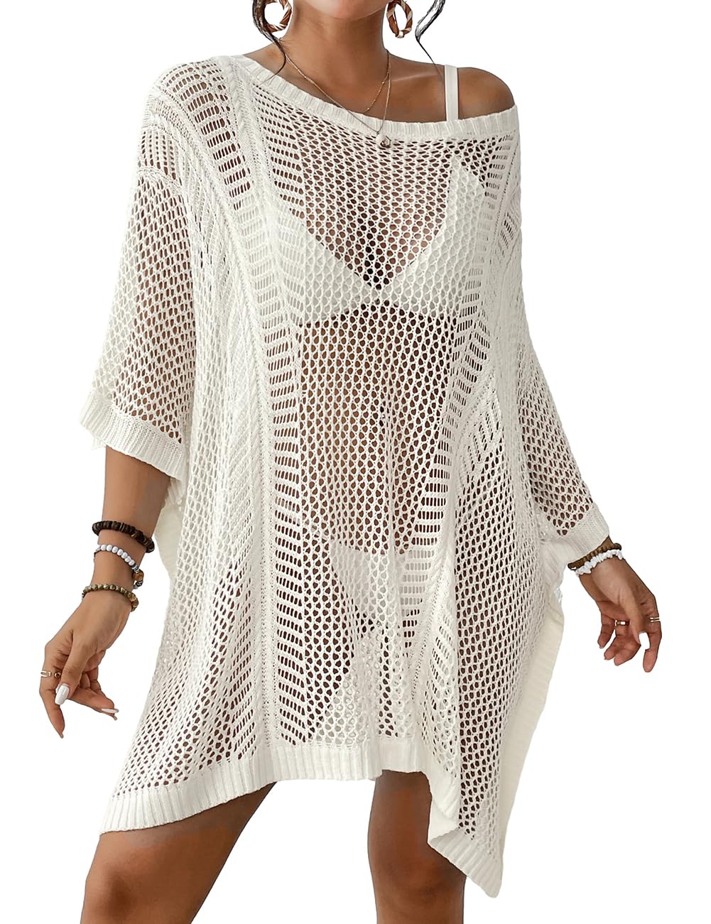 Photo 1 of Bsubseach Women's Swimwear Cover Ups for Bathing Suit Crochet Swimsuit Coverup Knit Beach Dresses Vacation Outfits White
