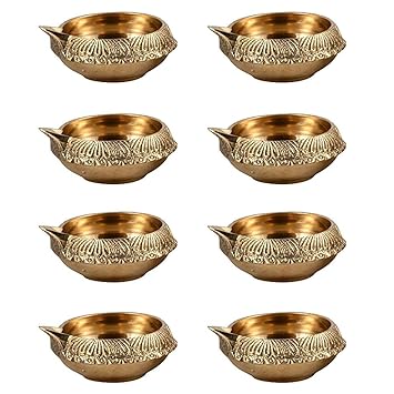 Hashcart Handcrafted (Set of 10) Indian Puja Brass Oil Lamp - Golden Diya Lamp Engraved Design Dia - 2.5 Inch