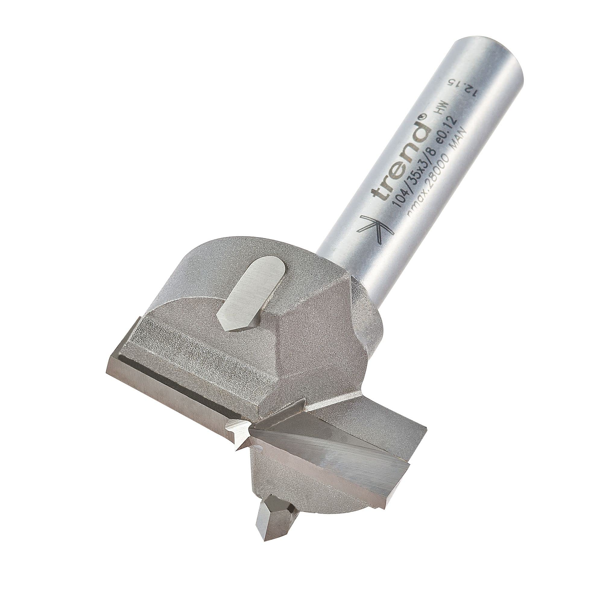 Trend 35mm Diameter Circular Hinge Sinking Machine Bit, 3/8 Inch Shank, Centring Point, Ideal for Kitchen Furniture Manufacturers and Laminate Covered Boards, 104/35X3/8TC