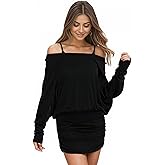 QIISEVEN Off Shoulder Dress Batwing Sleeves Dresses for Women Long Sleeve Oversized Sexy Ruched Bodycon Cocktail Dress