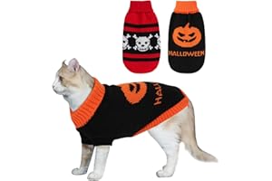 HUMLANJ 2 Packs Halloween Cat Sweater Turtleneck Knitted Pumpkin Sweaters for Cats Only Kitten Kitty Skull Sweater Warm Winter Knit Pullover Knitwear