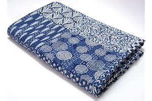 SAMBHAV QUILT HUB Blue Indigo Print Cotton Handmade Handblock Quilted Blanket Indian Cottodspread Kantha Indigo Print Beork Bohemian Bed Decor Block Throw Blanket Twin/King/Queen (Queen 90X108 inches (1))
