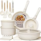 Astercook Ceramic Non-stick Cookware 21 Pcs Pots and Pans Set, Detachable Handle, RV Kitchen Non Stick Cooking Set Removable Handles, Oven Safe, Induction Ready, Stackable, Cream White
