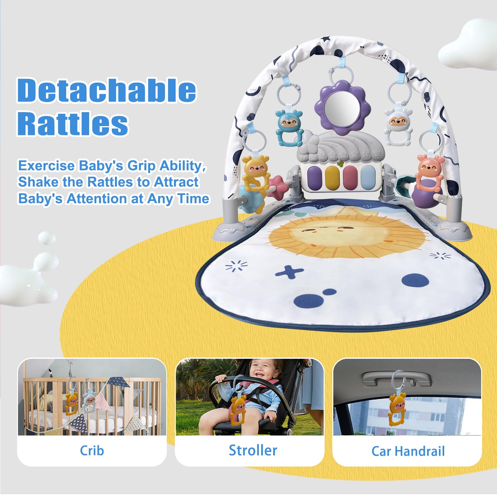 Baby Play Gym Mat, Baby Gym Activity Center, Kick and Play Piano with Music and Light, Tummy Time Toys for Newborn Babies Infants Boys Girls 0-3-6-9-12 Months (Grey)