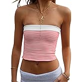 BAIGRAM Women Strapless Foldover Reversible Y2K Aesthetic Striped Bandeau Tube Tops Sleeveless Slim Fit Summer Crop Tank Girl