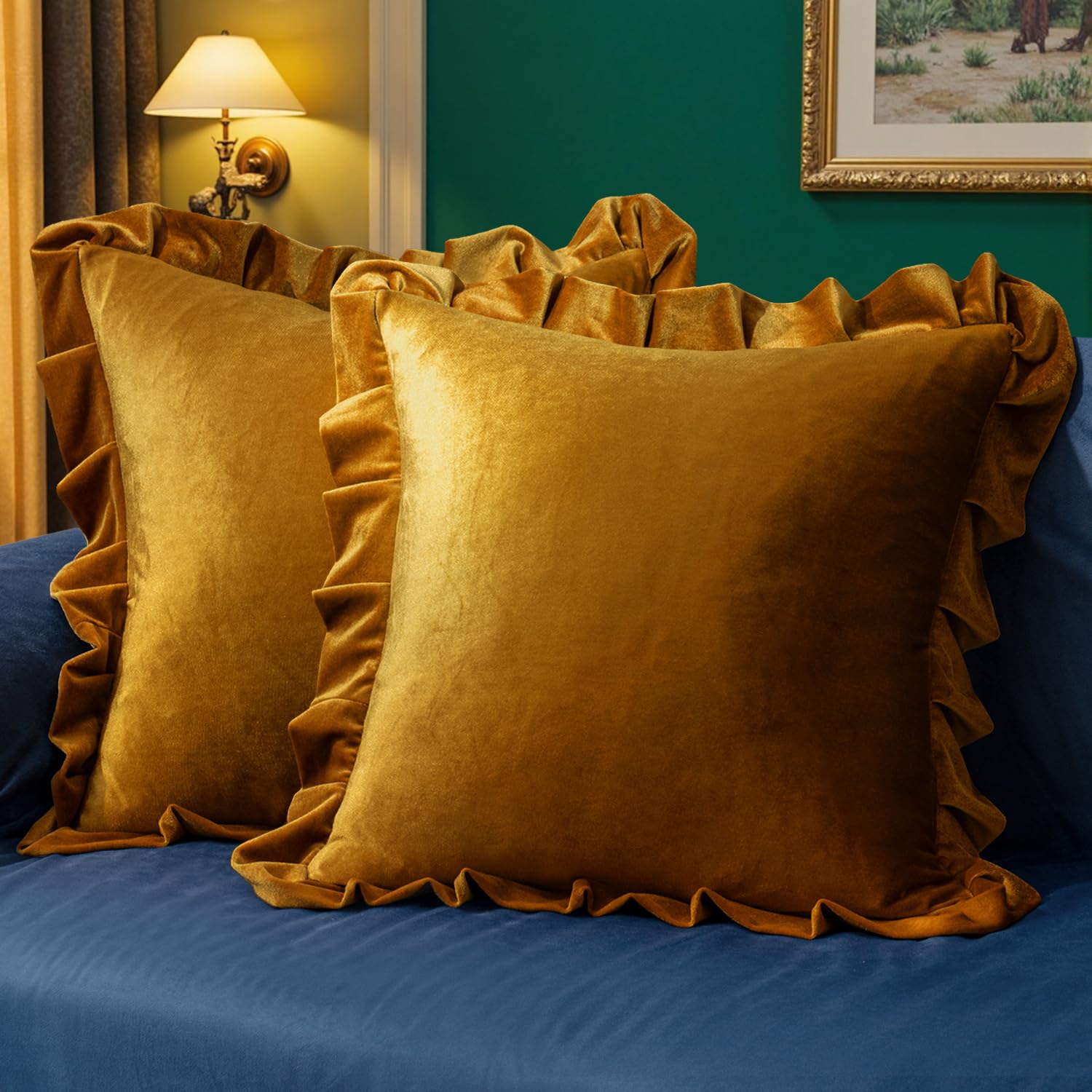 Photo 1 of MIULEE Velvet Ruffle Throw Pillow Covers Soft Luxurious Golden Camel Pack of 2 20x20 Inch Square Cushions Vintage Gothic Decorative Ruffled Pillow Shams for Sofa Couch Bedroom Chair