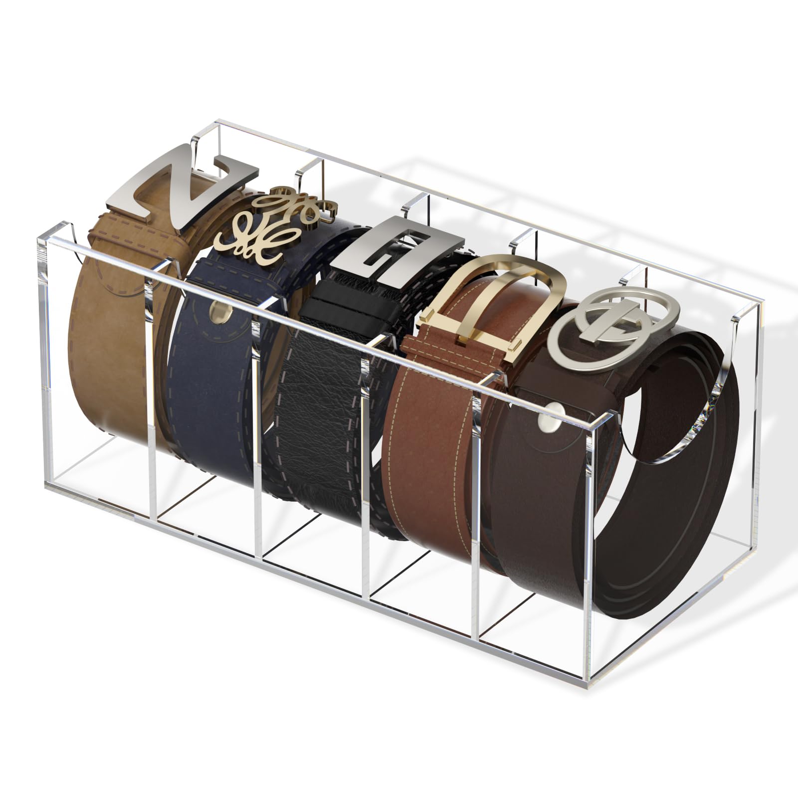 Photo 1 of FEMELI Belt Organizer, Acrylic 5 Compartments Container Storage Holder, Clear Display Case for Closet Tie and Bow Tie