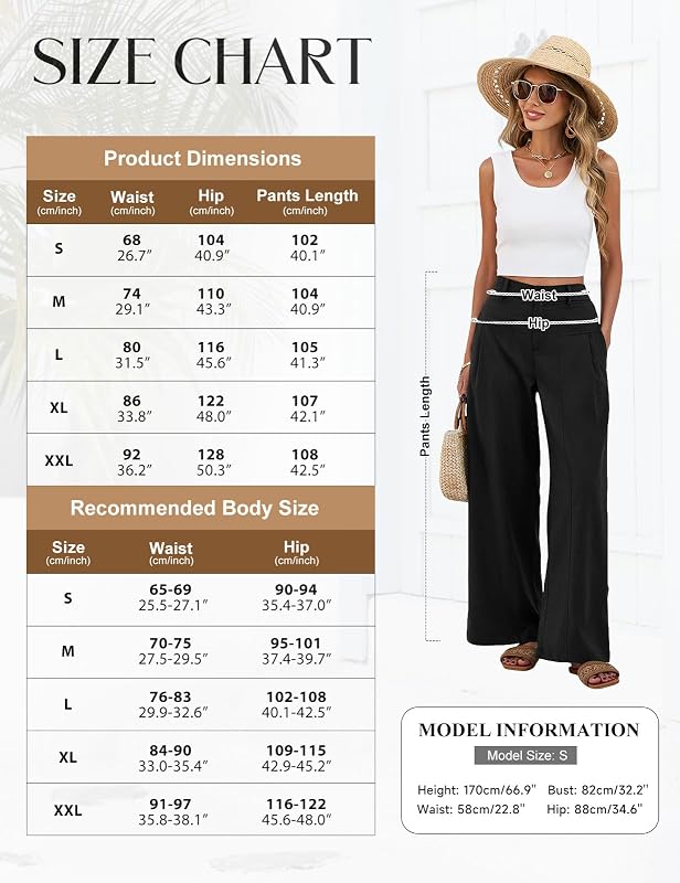 Pantaloni Lino Donna Estivi Gamba Larga Pantaloni Elastico in Vita Leggeri Traspiranti Pantaloni Casual Comodi Palazzo con Tasche e Bottoni (Nero, L)