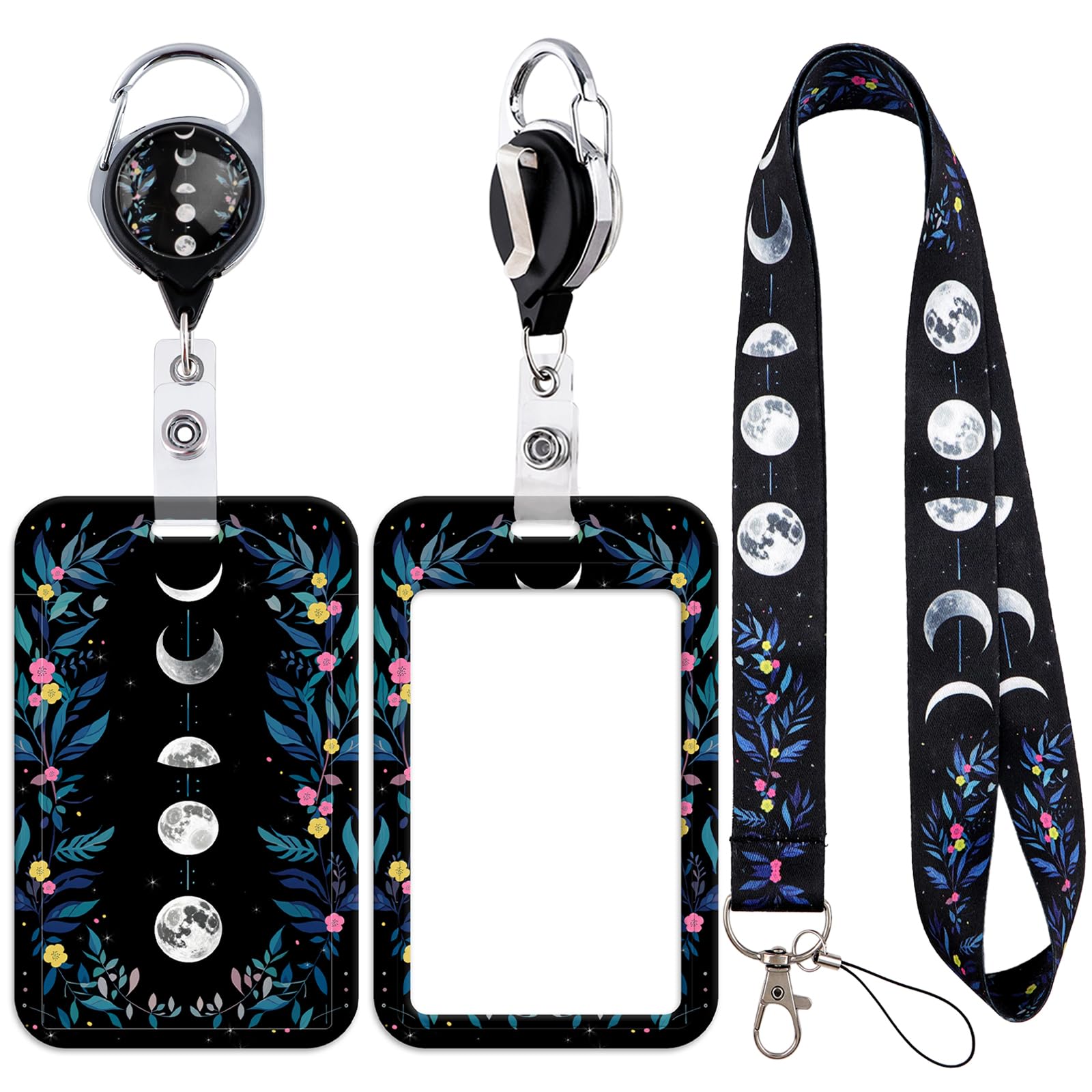 Photo 1 of Moon Phase Lanyard with Sliding ID Card Holder for Women Girl Self Retracting ID Badge Holder Flower Name Tag Lanyard Keychain Clip for School Teacher Nurse