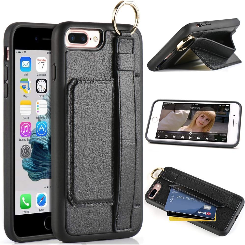 LAMEEKU iPhone 8 Plus Wallet Case, iPhone 7 Plus Case with Kickstand, Slim Leather Credit Card Slot Case with Hand Strap Ring Holder, Shockproof Stand Cover for iPhone 7 Plus/ 8 Plus 5.5''-Black
