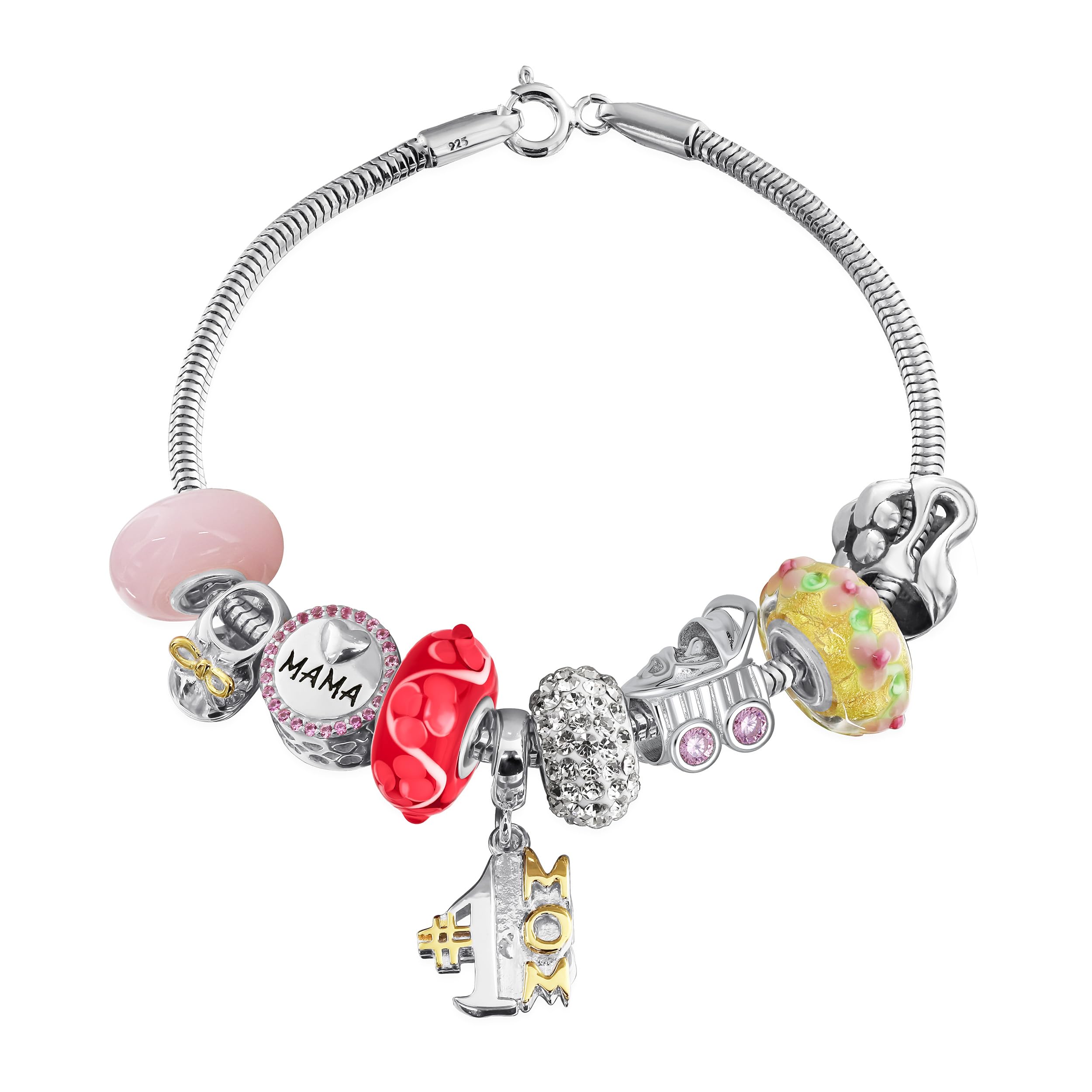 Bling Jewelry #1 Mom Wife Family Mother Colorful Love Themed Starter Beads Multi Charm Bracelet For Women .925 Sterling Silver Snake Chain European Barrel Snap Clasp Bracelets 7 Inch