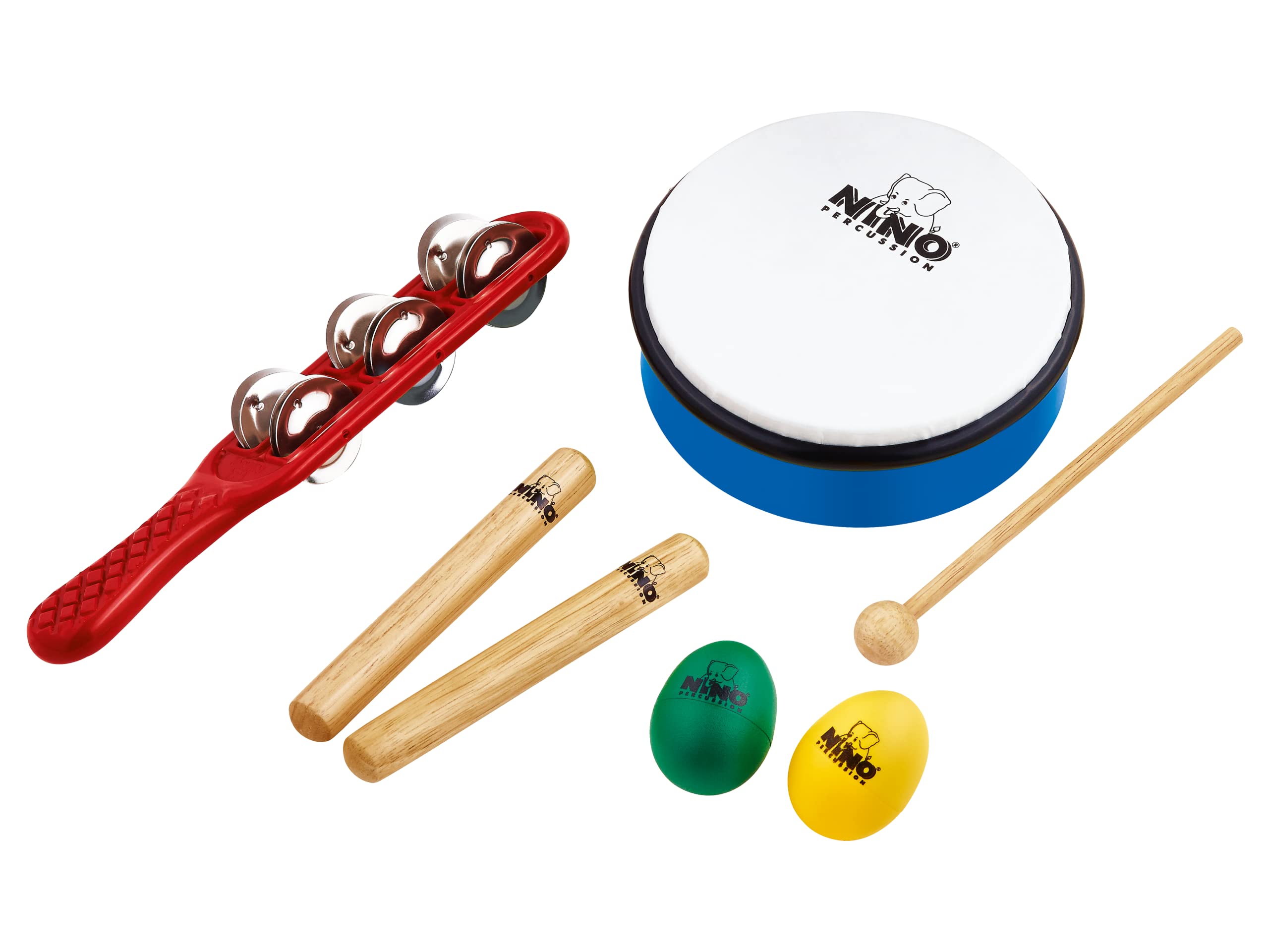 Nino Percussion NINOSET3 Children's Instrument Set (7 items) Jingle Stick, Wooden Claves, Egg Shakers, ABS Hand Drum