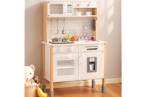 PHGLL Play Kitchen for Kids Wooden Kitchen Toy Playset w/Light and Clicking Knobs, Chef Pretend Play Set w/Microwave, Oven, Coffee Machine, Ice Maker, Telephone, Toy Kitchen Set for Toddlers (White)