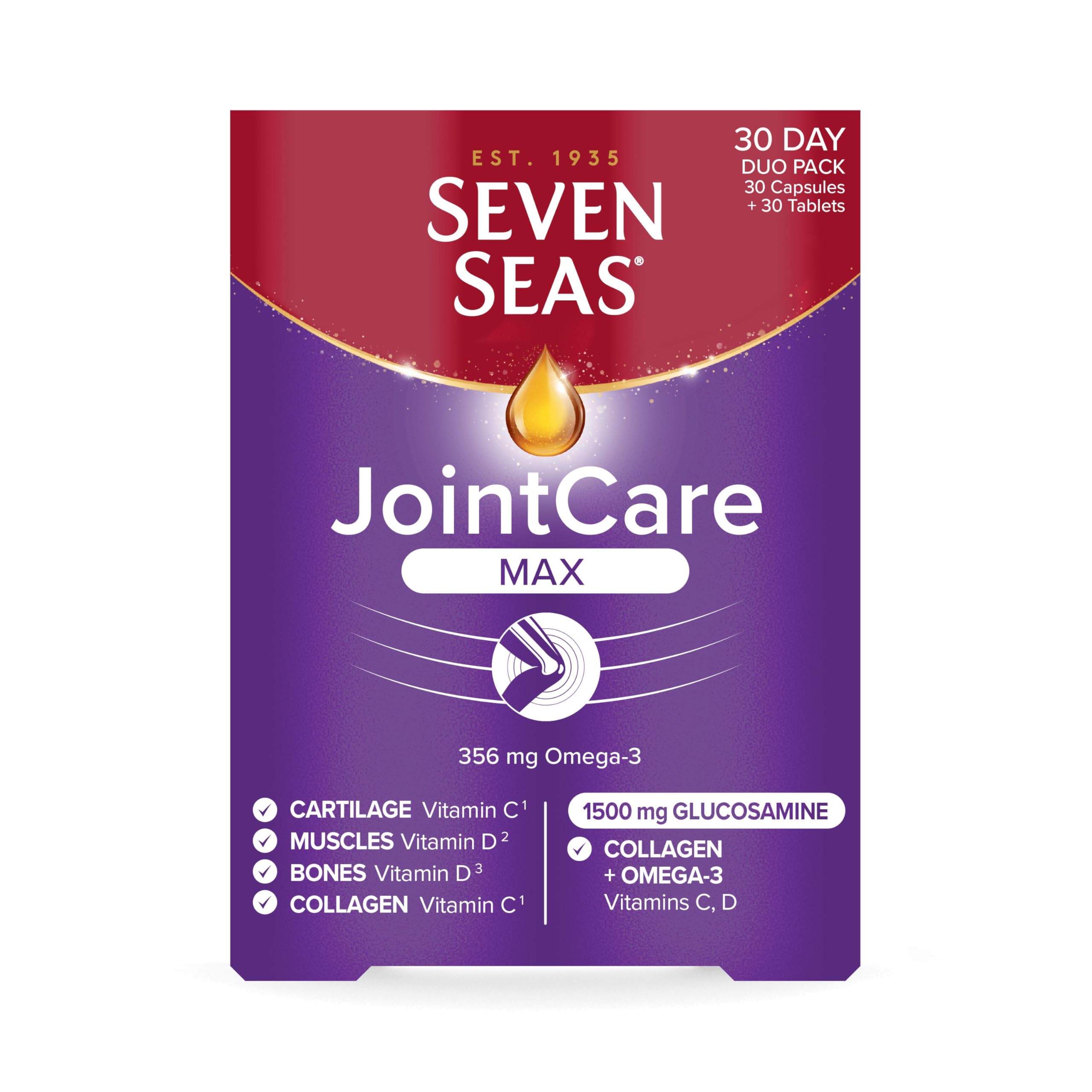 Seven Seas JointCare Max, With High-Strength Glucosamine plus Omega-3, Collagen, Vitamins C and D, Food Supplements, 30-Day Pack