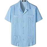 JOGAL Mens Guayabera Shirts Cuban Short Sleeve Casual Button Down Beach Shirt