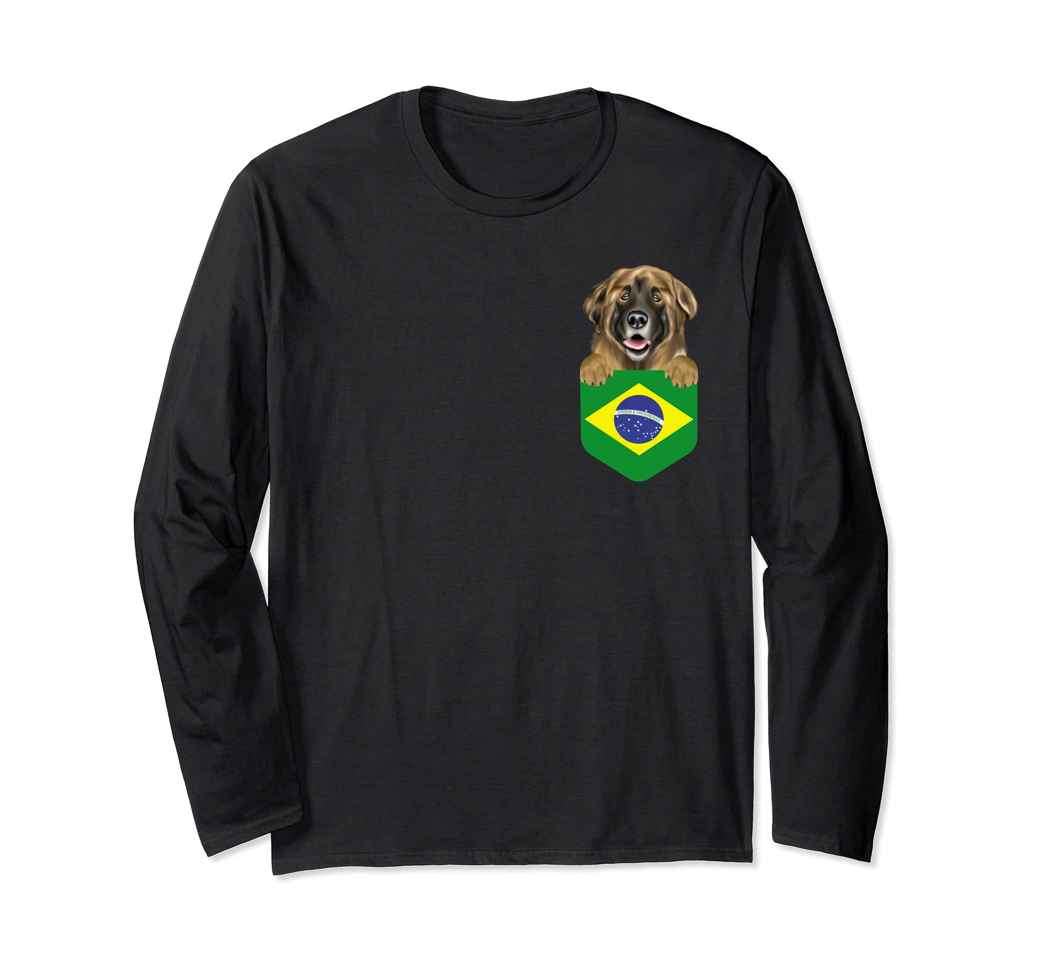 Brazil Flag Leonberger Dog In Pocket Long Sleeve T-Shirt