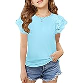 Haloumoning Girls Ruffle Sleeve T Shirts Summer Short Sleeve Casual Cute Crewneck Tops Tees 5-14 Years