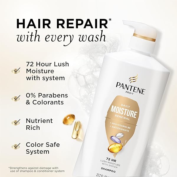PANTENE SHAMPOO, DAILY MOISTURE RENEWAL – PRO-V NUTRIENTS FOR DRY, COLOR-TREATED, STRAIGHT TO CURLY HAIR, 72-HOUR HYDRATION & SOFTNESS, PARABEN FREE, CLEANSES, STRENGTHENS BONDS, 27.7 FL OZ