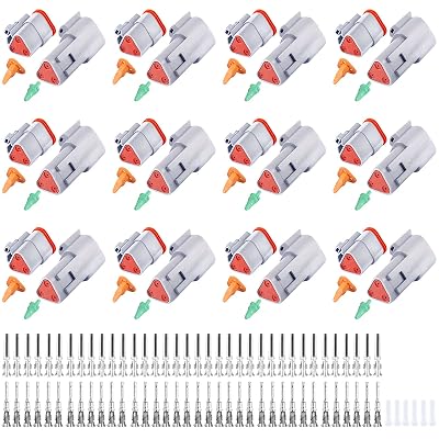126PCS 3 Pin Way Deutsch DT Gray Connector 12 Set，Size 16 Solid Contacts Waterproof Electrical Wire Connector with Seal Plug for Truck, Off-Road Vehicles, Marine, Motorcycle Wiring