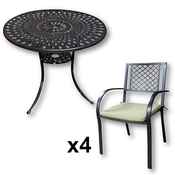Lazy Susan - MIA 90 cm Runder Gartentisch mit 4 Stühlen - Gartenmöbel Set aus Metall, Antik Bronze (Jane Stühle, Grüne Kissen