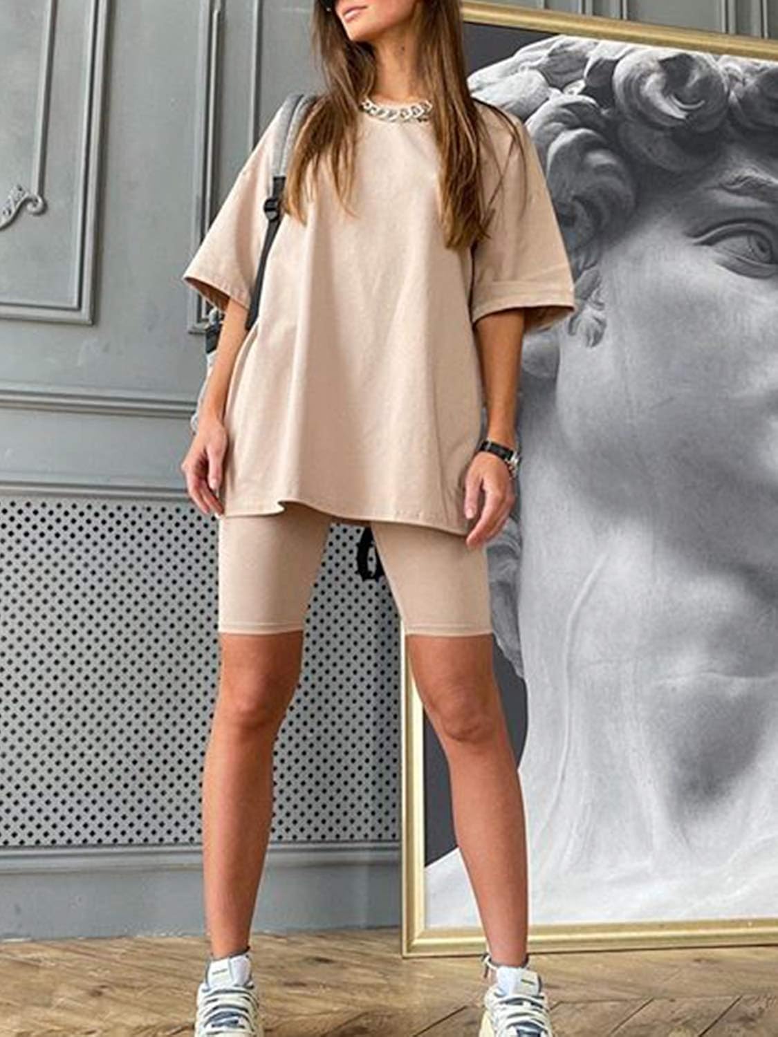 Glamaker Women 2 Piece Outfit Sets Casual Oversized T-Shirt Tops Biker Shorts Workout Sport s Tracksuit: Clothing