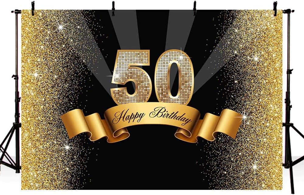 MEHOFOTO Photo Studio Booth Background Happy Birthday Party Banner Backdrops for Photography, 50th Birthday-Gold, 8x6'