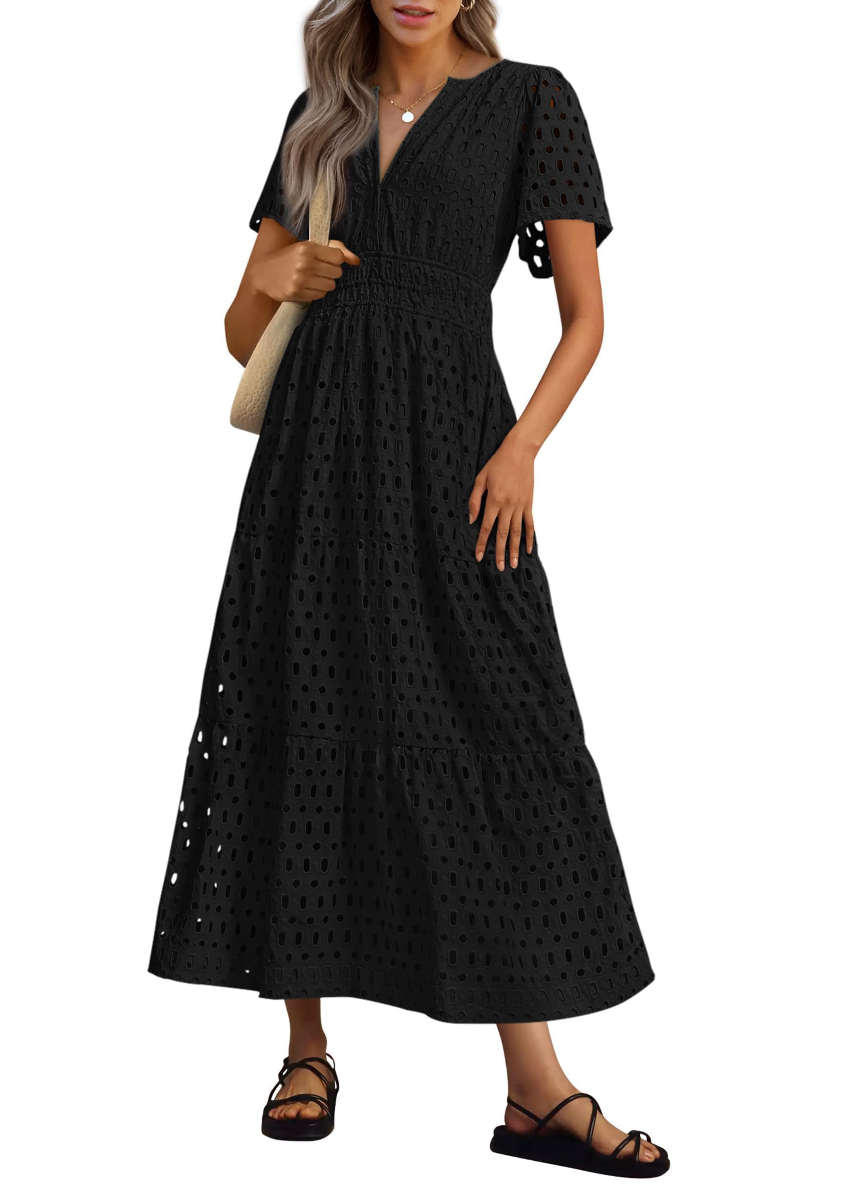 O-Neck Hollow Out Front High Waist Solid Vintage Dress Summer Women Cap Sleeve A-Line Midi Swing Dresses