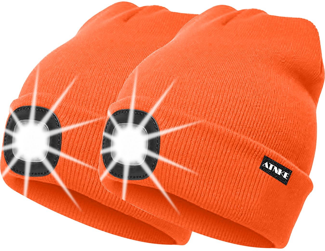 ATNKE 2Pcs New Warm LED Lighted Beanie Cap Unisex USB Rechargeable Running Hat Ultra Bright 4 LED Waterproof Light Lamp Multi-Color/Bright Orange
