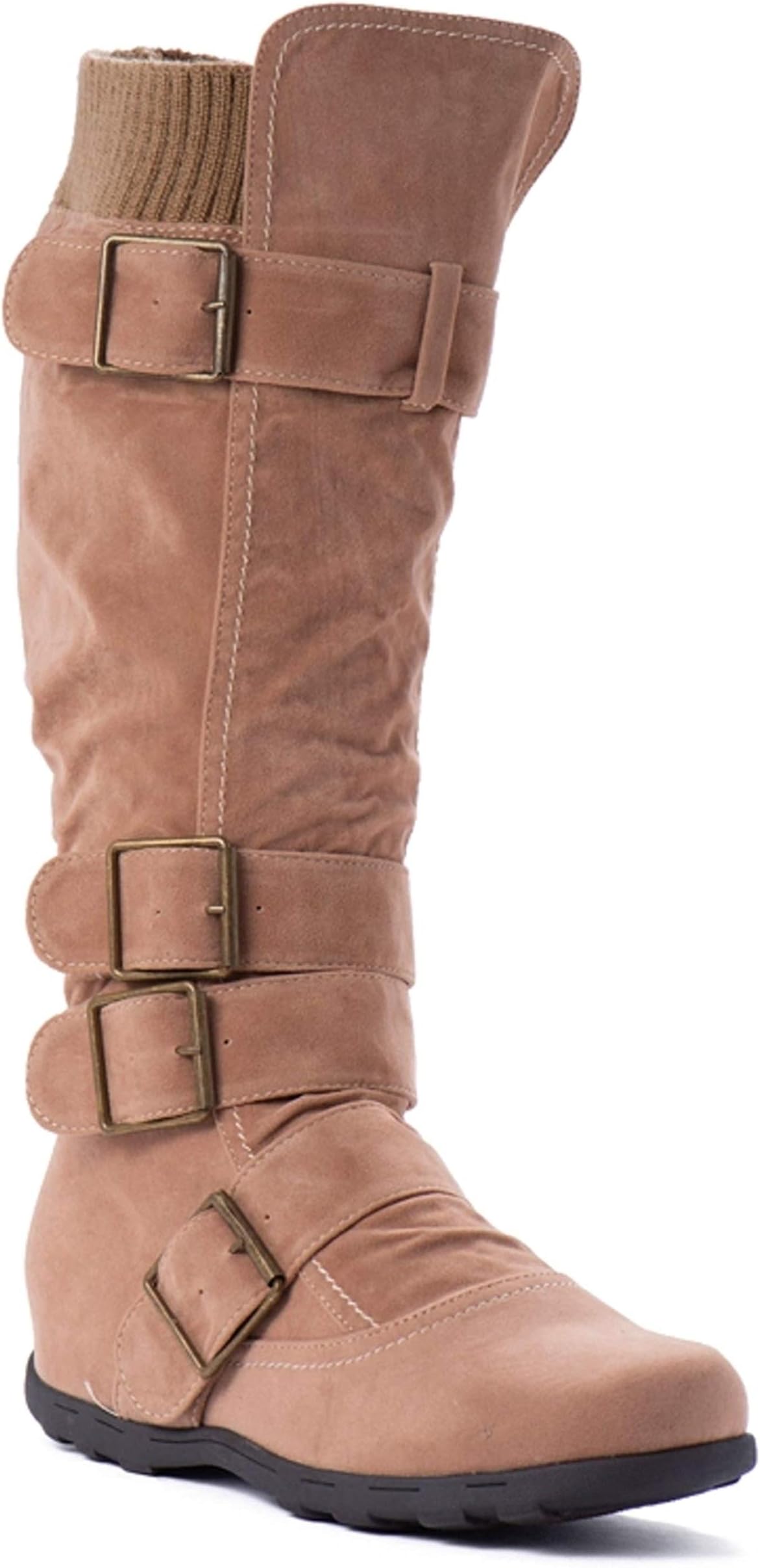 WW Footwear Womens Ladies Buckle Sweater Knit Flat Knee High Mid Calf Boots Shoes