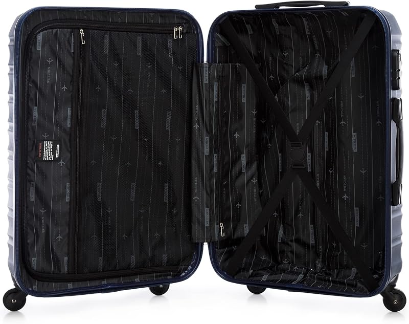 set di 4 valigie con custodia per cosmetici trolley bagaglio a mano ABS 4 ruote spinner chiusura a combinazione maniglia telescopica Groove Line blu navy Ryanair/ITA Airways/easyJet