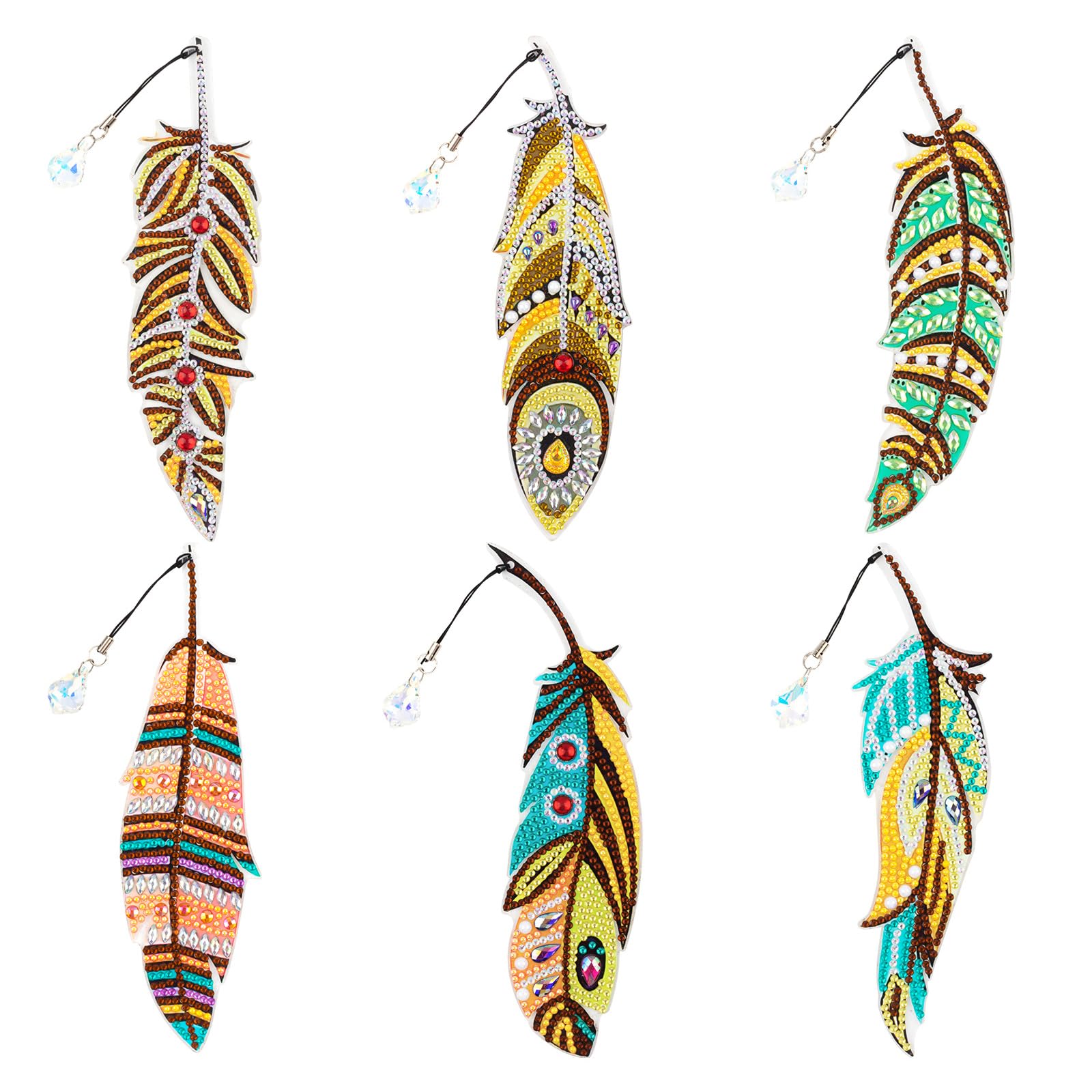6Pcs Diamond Painting Bookmarks Kits, DIY Feather Diamond Art Bookmarks with Tassel Crystal Rhinestone Pendant Bookmark Diamond Painting Kits for Books, Bags, Children Adults Art Crafts Gifts(MSQ023)