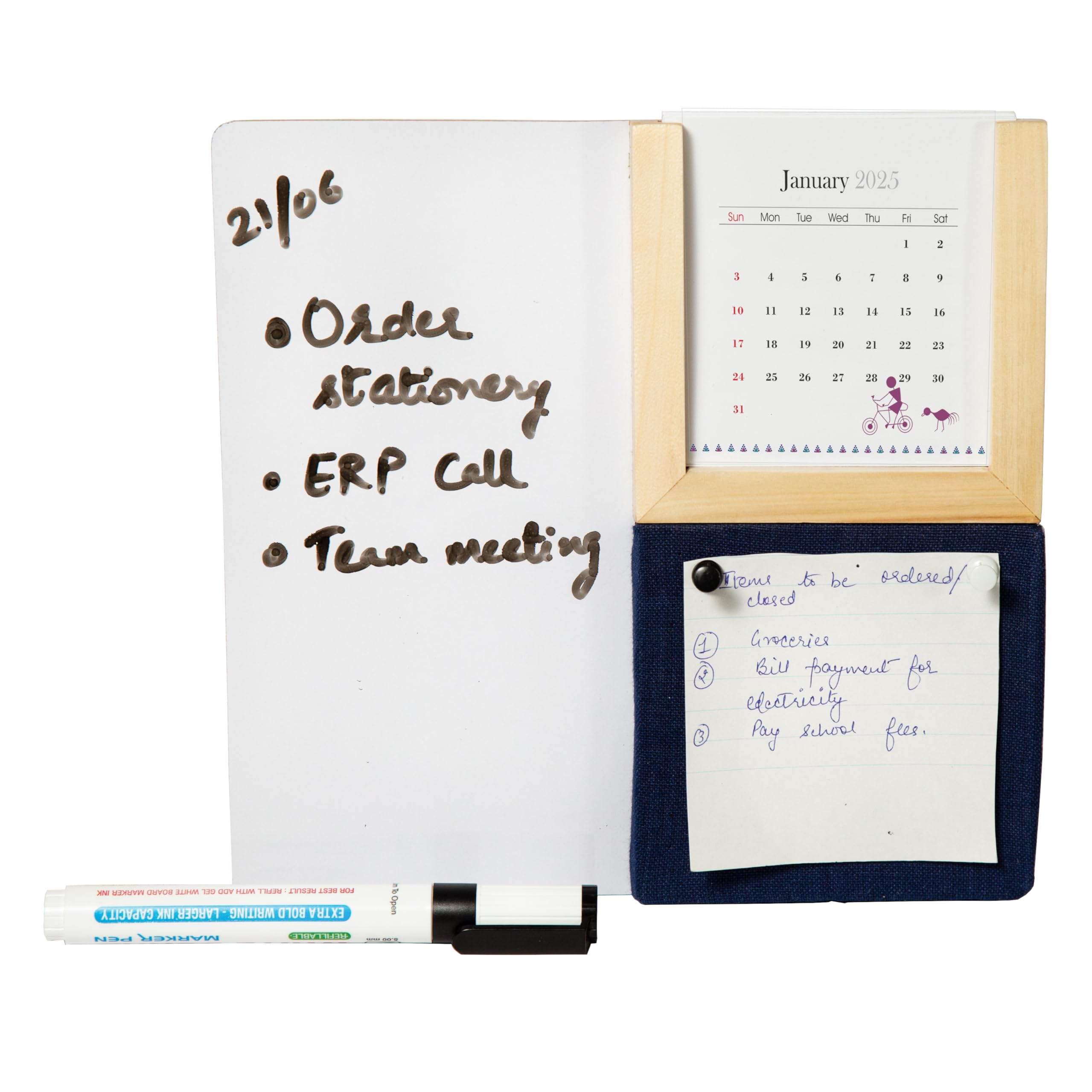 IVEI Warli Desk Calendar with Whiteboard, Pin Board & Pen Holder - Table Top Calendar Set - All-in-one Calendar Desk Organizer - Innovative Home Office Décor - White-Blue - 8" Inches