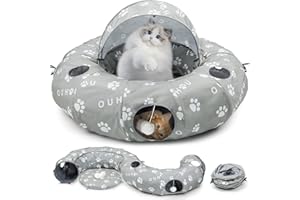 OUHOU Cat Tunnel Bed, Cat Tunnels for Indoor Cats, Peekaboo Cat Cave, Cat Donut Tunnel with Awning, Mat, 4 Balls and 6 Peek Holes, Cat Tubes for Kitten，Bunny, Puppy or Small Animals
