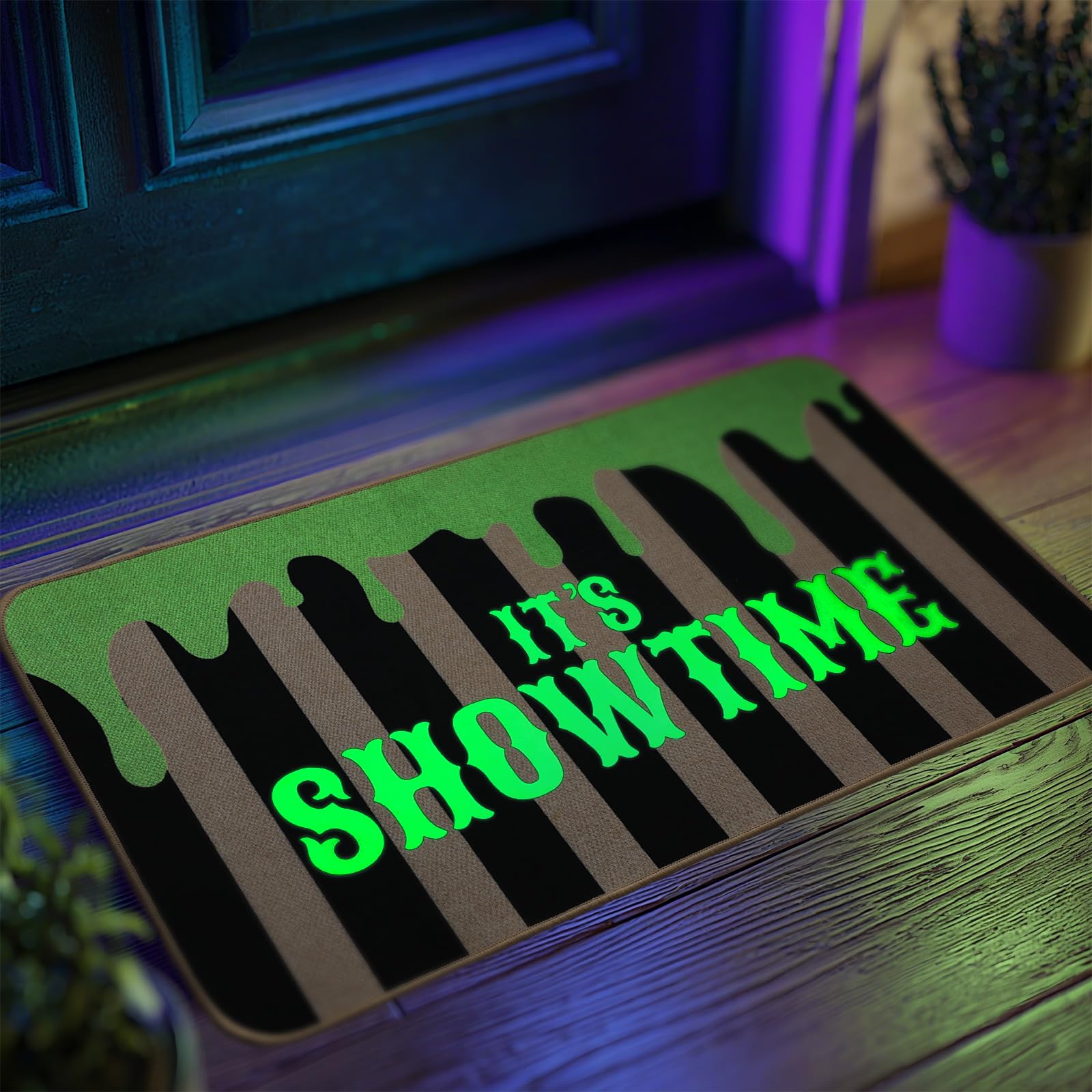 Photo 1 of Drydiet Halloween Door Mat Green Juice Splash Decorative Glow in The Dark Rugs Horror Decor Luminous Indoor Outdoor Home Entrance Halloween Floor Mat Non Slip Kitchen Party Floor Decor