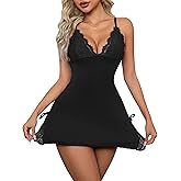 Crexomi Women Sexy Side Slits Lace-trimmed Sleepwear Dress Chemise Babydoll Lingerie Modal Nightgown with Thong